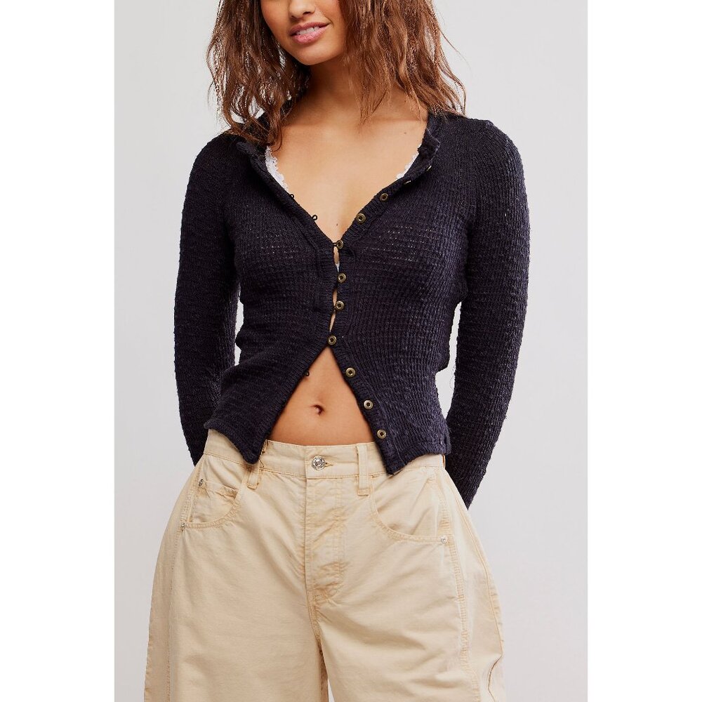 🖤 We The Free Black Sheer Knit Button Front Top NWT L